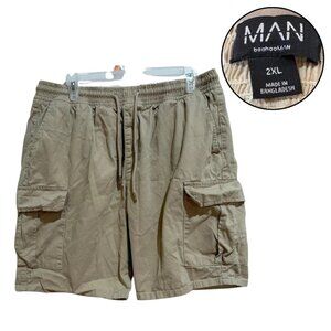 BoohooMAN Men’s Brown Cargo Shorts 2XL Drawstring Waist Side Pockets